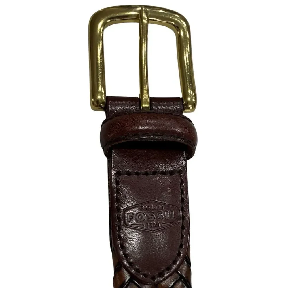 Fossil Vintage Brown Braided Leather Belt Size 34 Brass Buckle LNWT